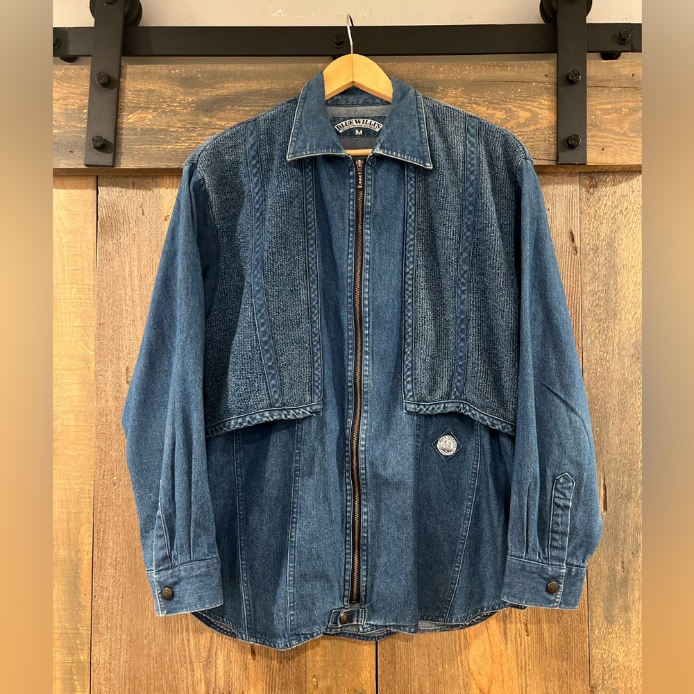 Vintage Willi's Denim Jean Jacket Indigo Blue Quilted Collar 90s Scandinavian